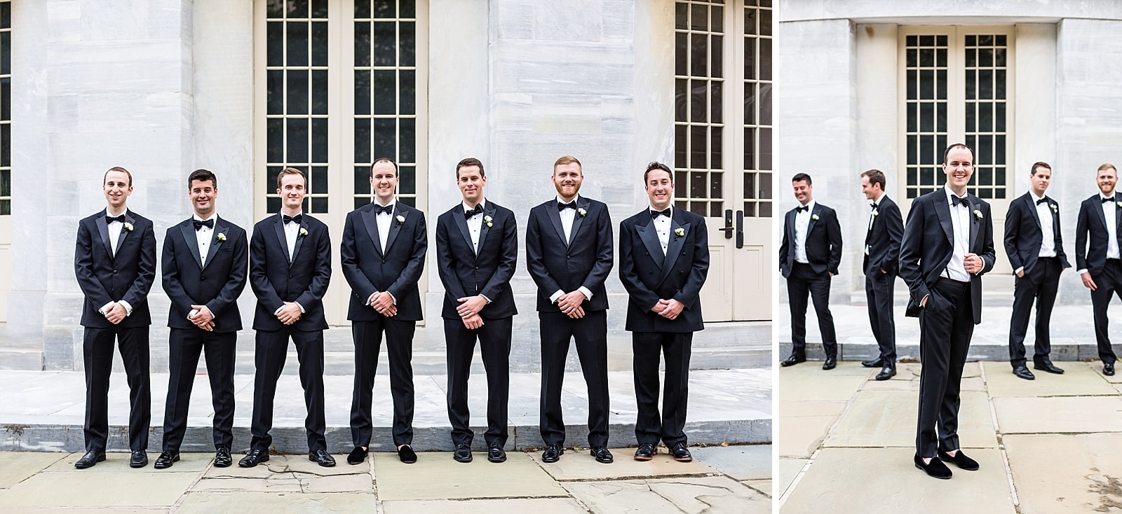 Wedding party, groomsmen, black tuxedos, bowties, Merchant Exchange building