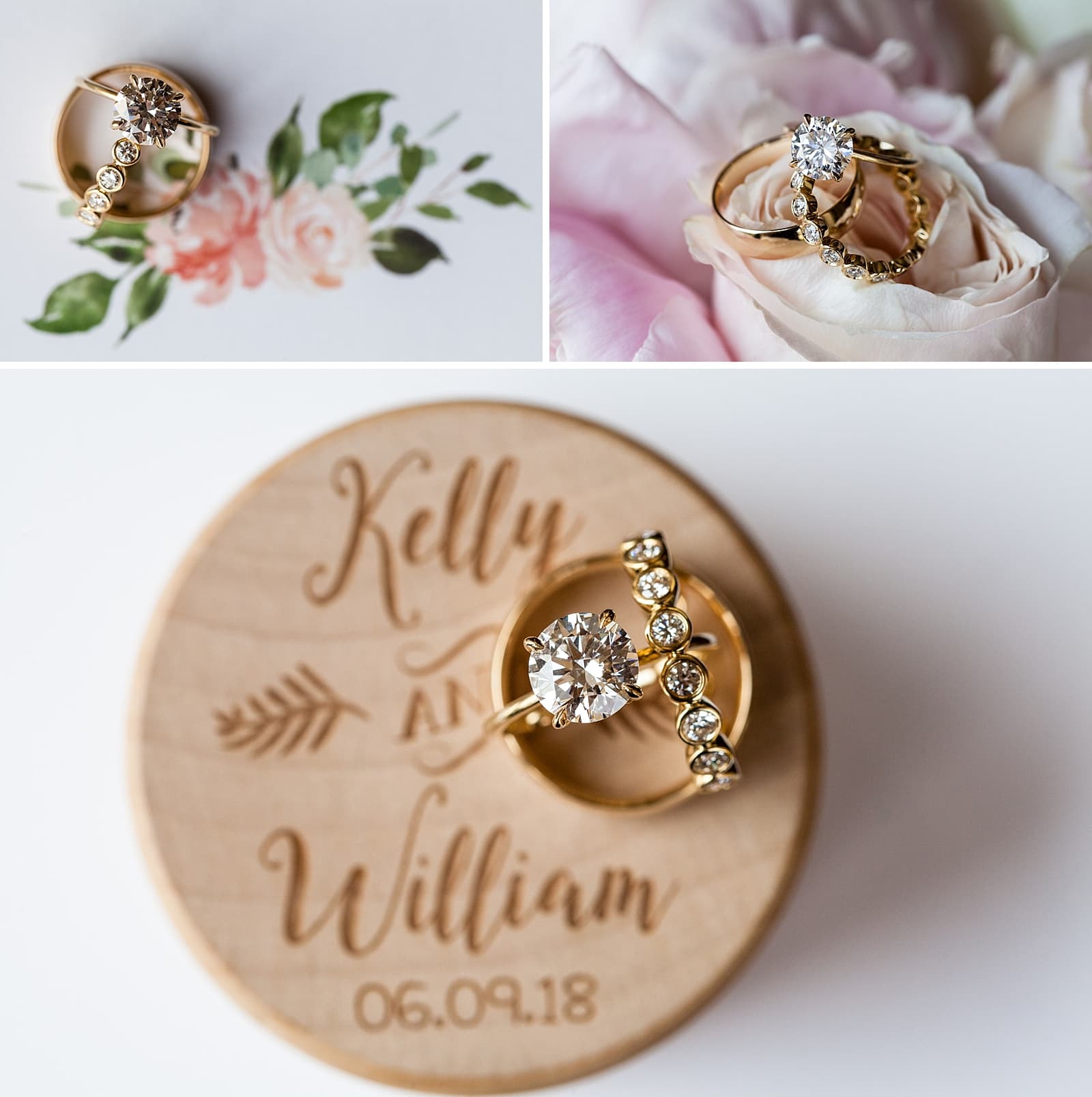wedding rings, engagement ring, gold rings, flowers
