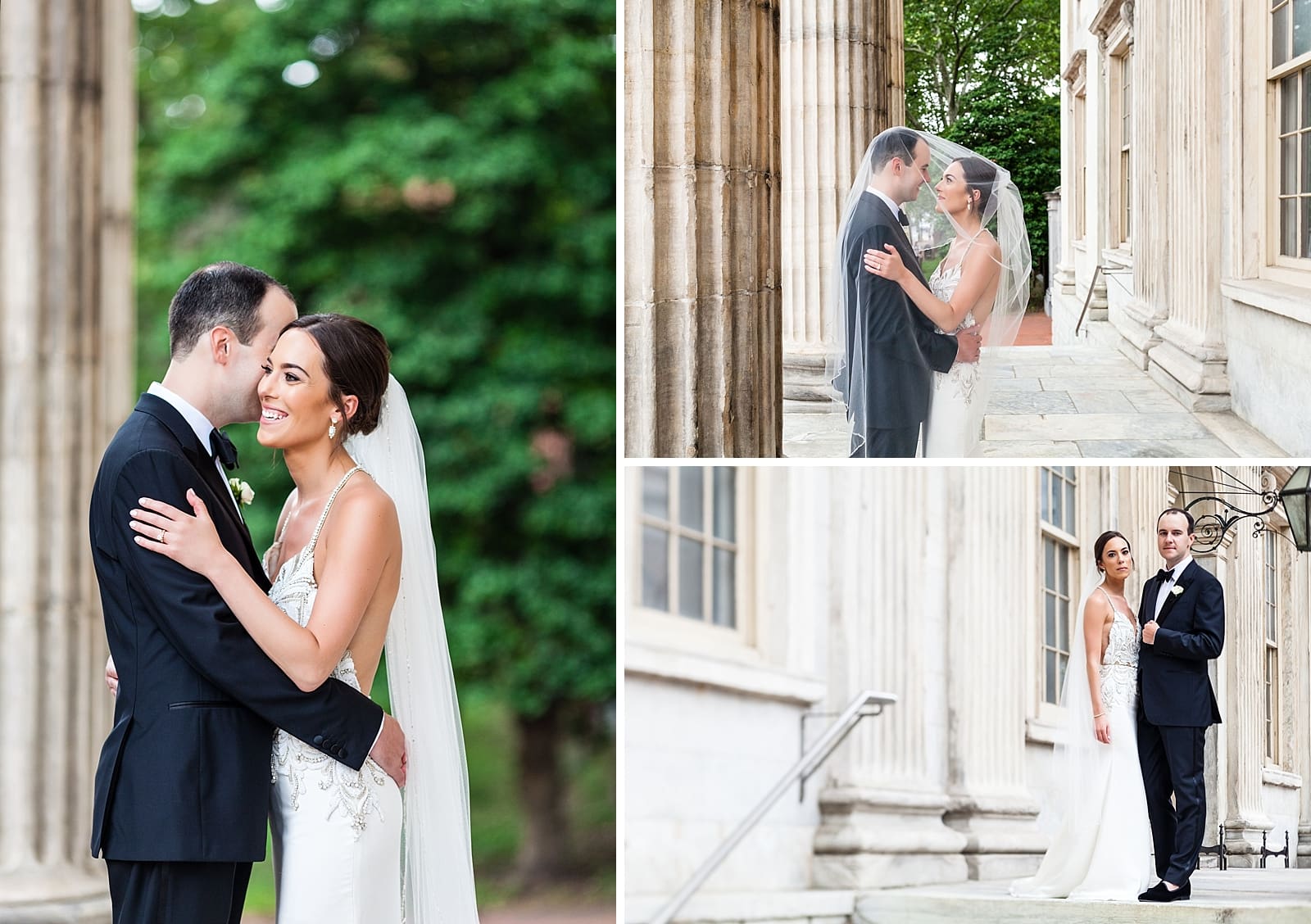 Bride and groom portraits, wedding portraits, happy bride, under veil portrait, Merchant Exchange Building