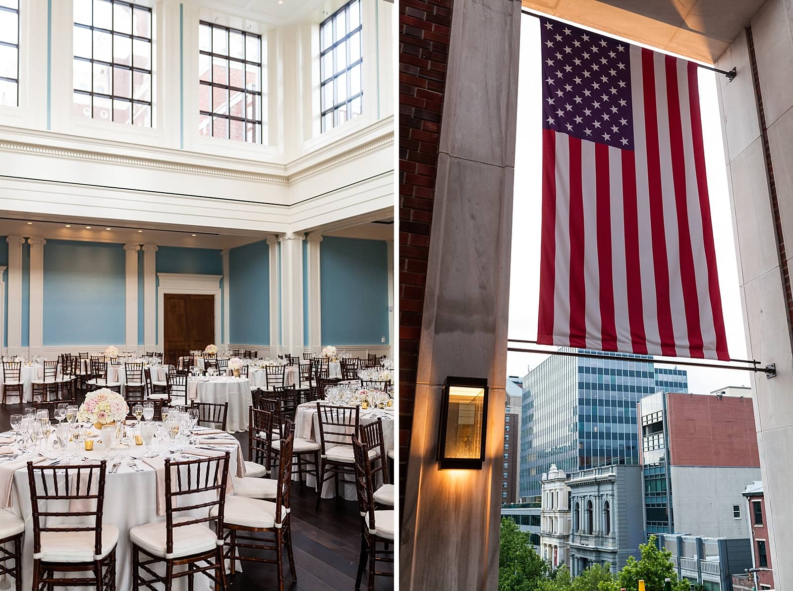 Philadelphia wedding, wedding reception, wedding table setup, American Flag, Museum of the American Revolution wedding