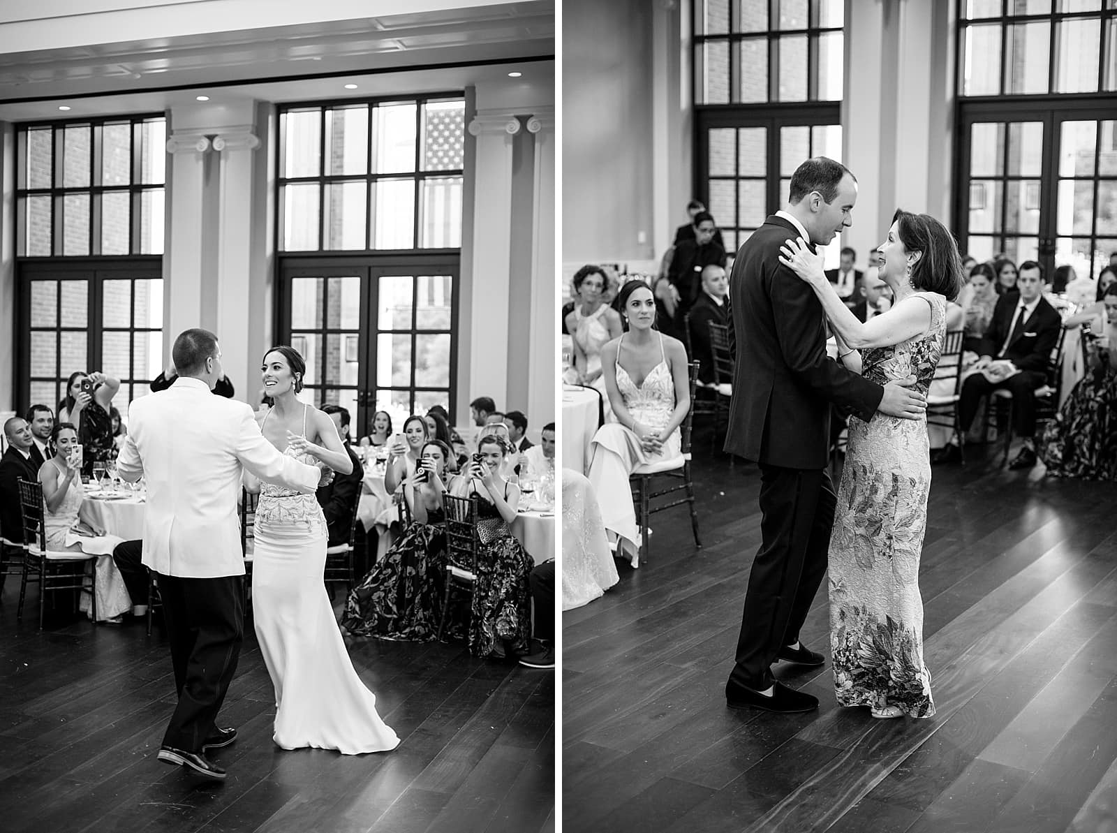 parent dances, father daughter dance, mother son dance, mother of the groom, father of the bride, wedding dances, black and white
