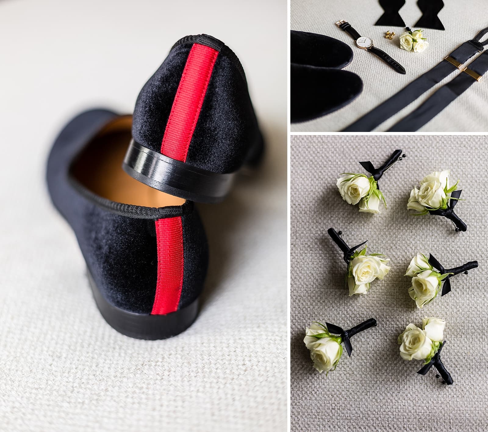 Groom details, groom prep, watch, bowtie, dress shoes, boutonnieres