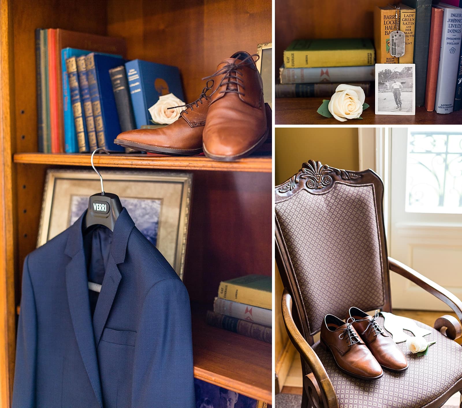 Groom details, dress shoes, wedding tuxedo, bowtie, flower, dog tags, old family photo