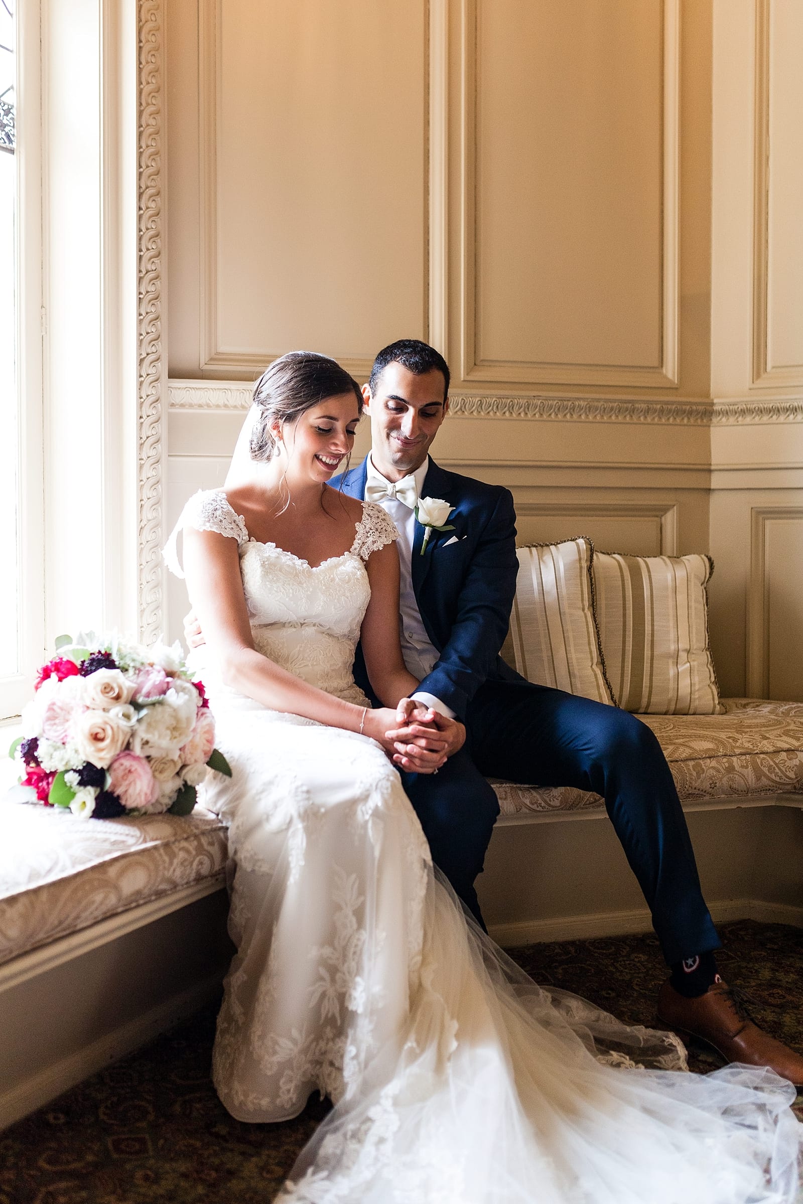 Bride and groom portrait, wedding day, Cairnwood Estate wedding, holding hands