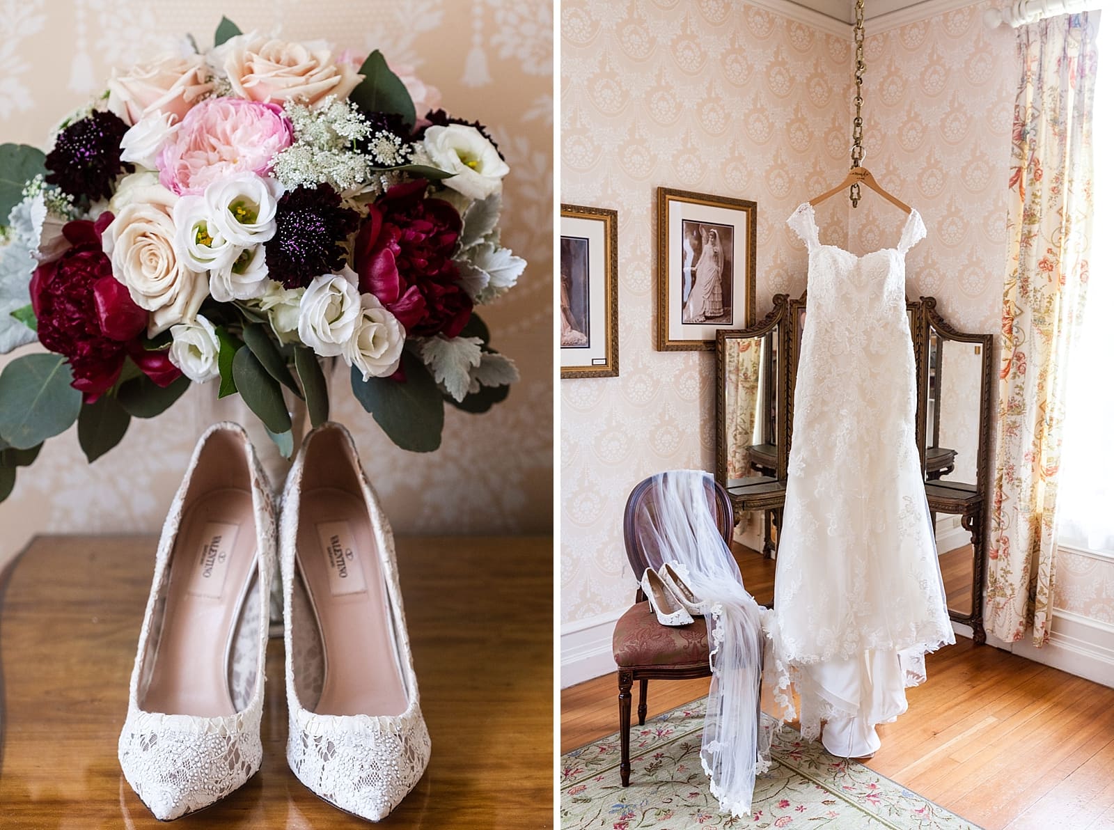 Wedding prep, bridal prep, bridal bouquet, Leigh Florist Valentino heels, hanging wedding gown, Cairnwood Estate wedding