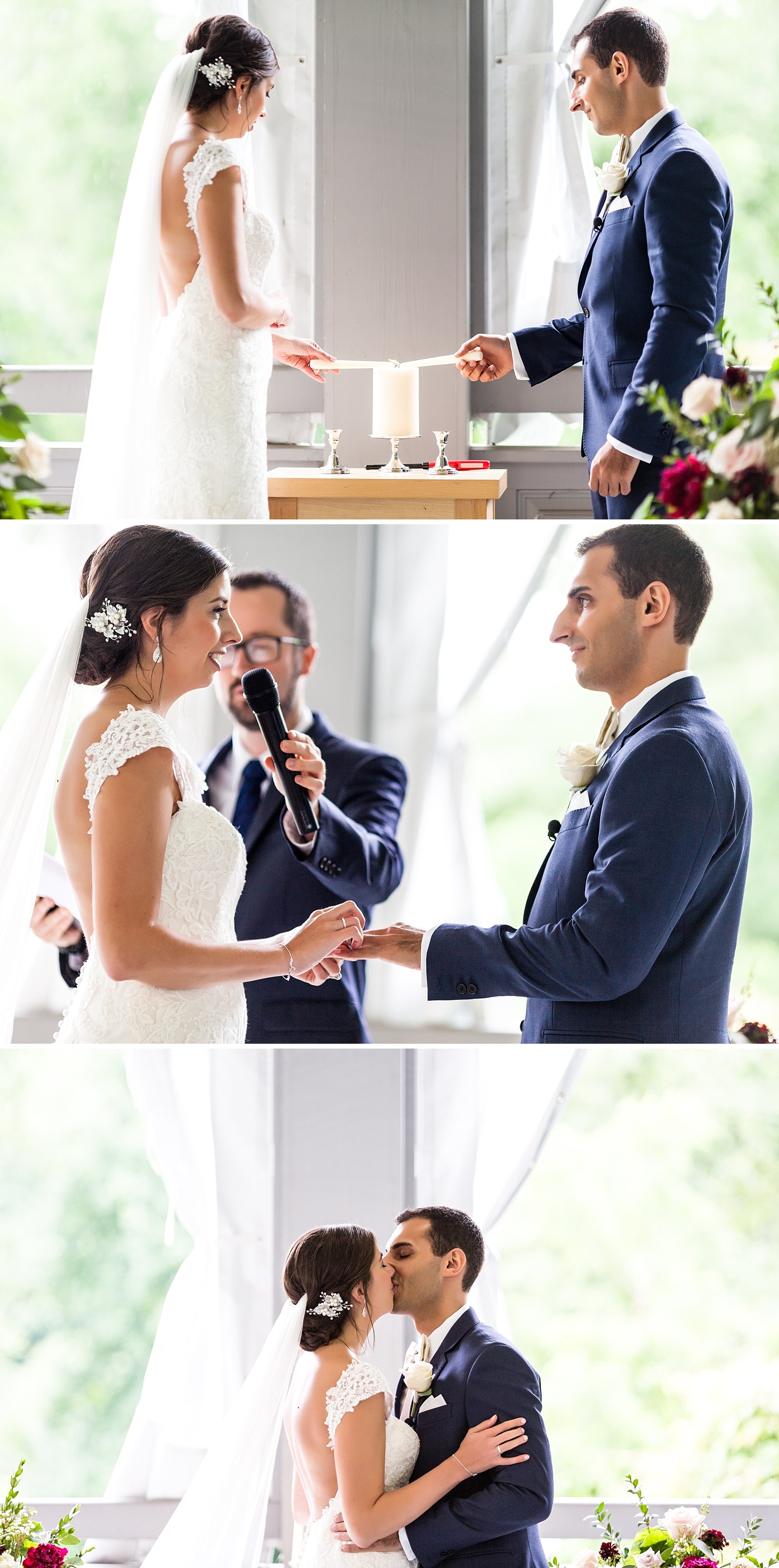 Wedding ceremony, lighting the candles, exchanging wedding rings, first kiss, husband and wife