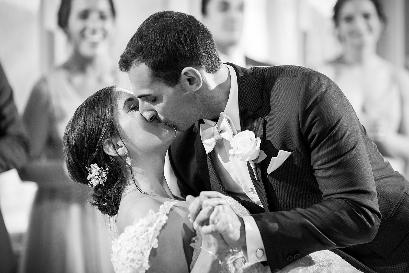 First dance, dip, kiss, black and white, husband and wife, wedding dance