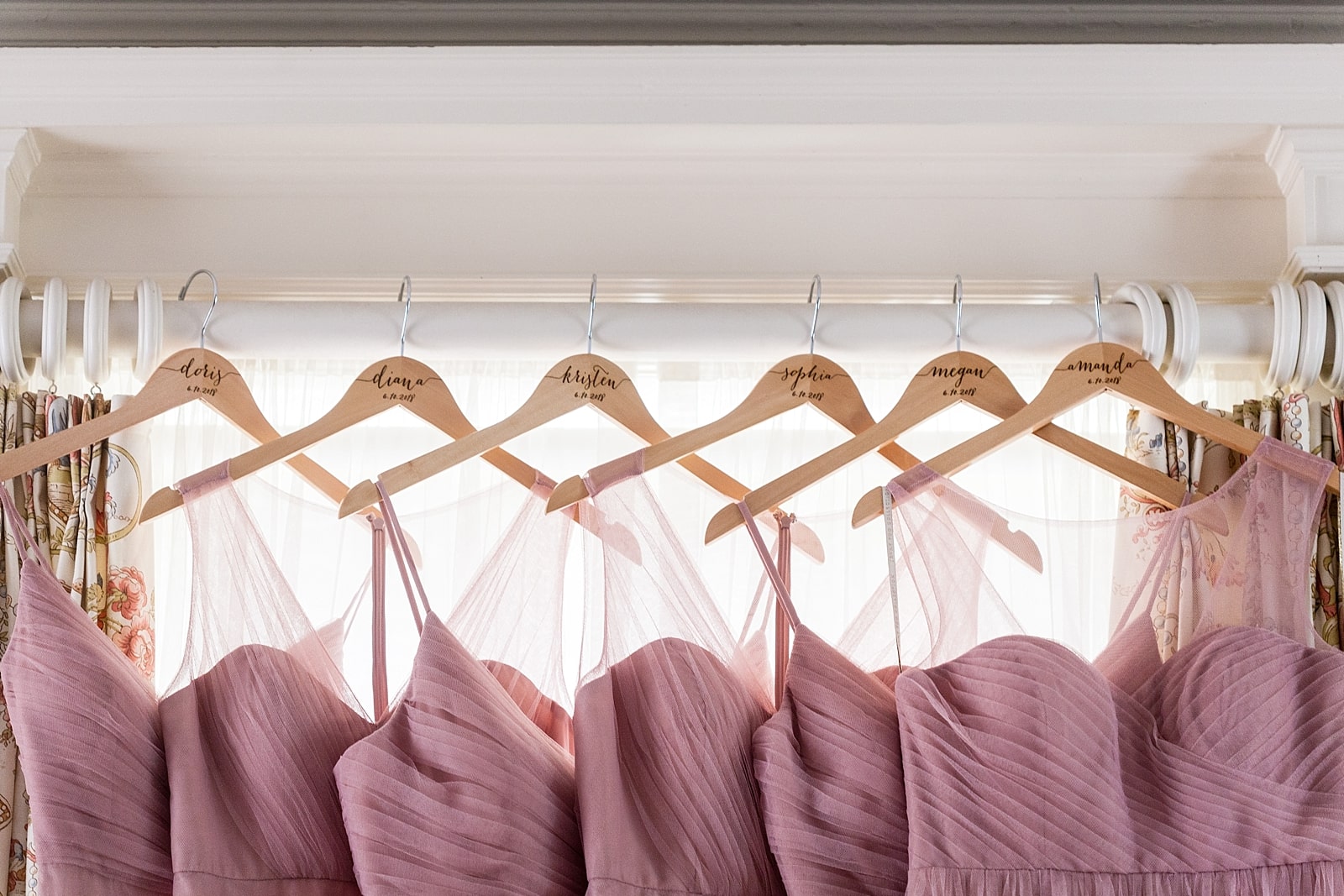 Bridesmaids dresses, blush bridesmaid dresses, bridesmaids hangers with name and date