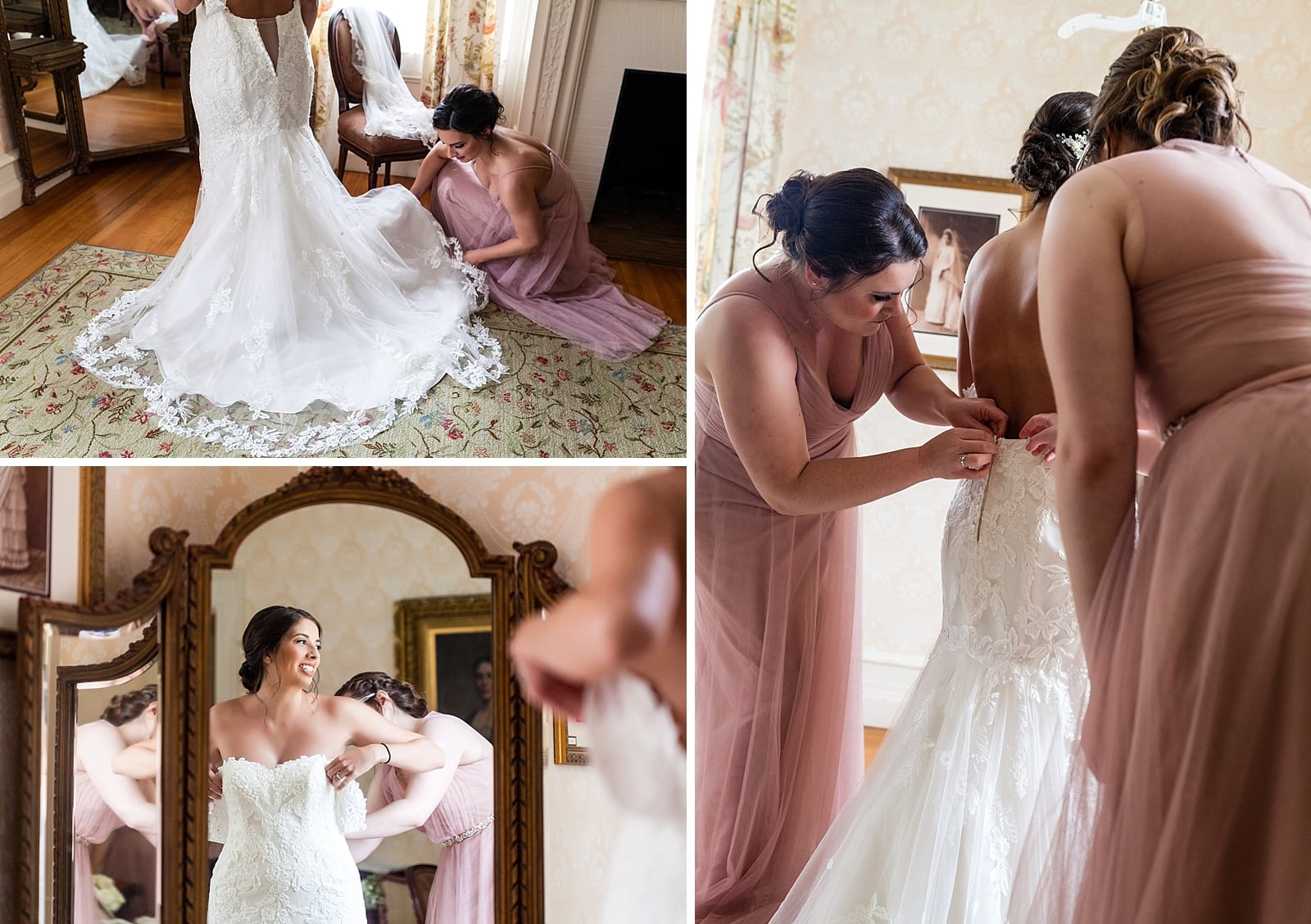 Bridal prep, bride getting ready, bridesmaids helping bride