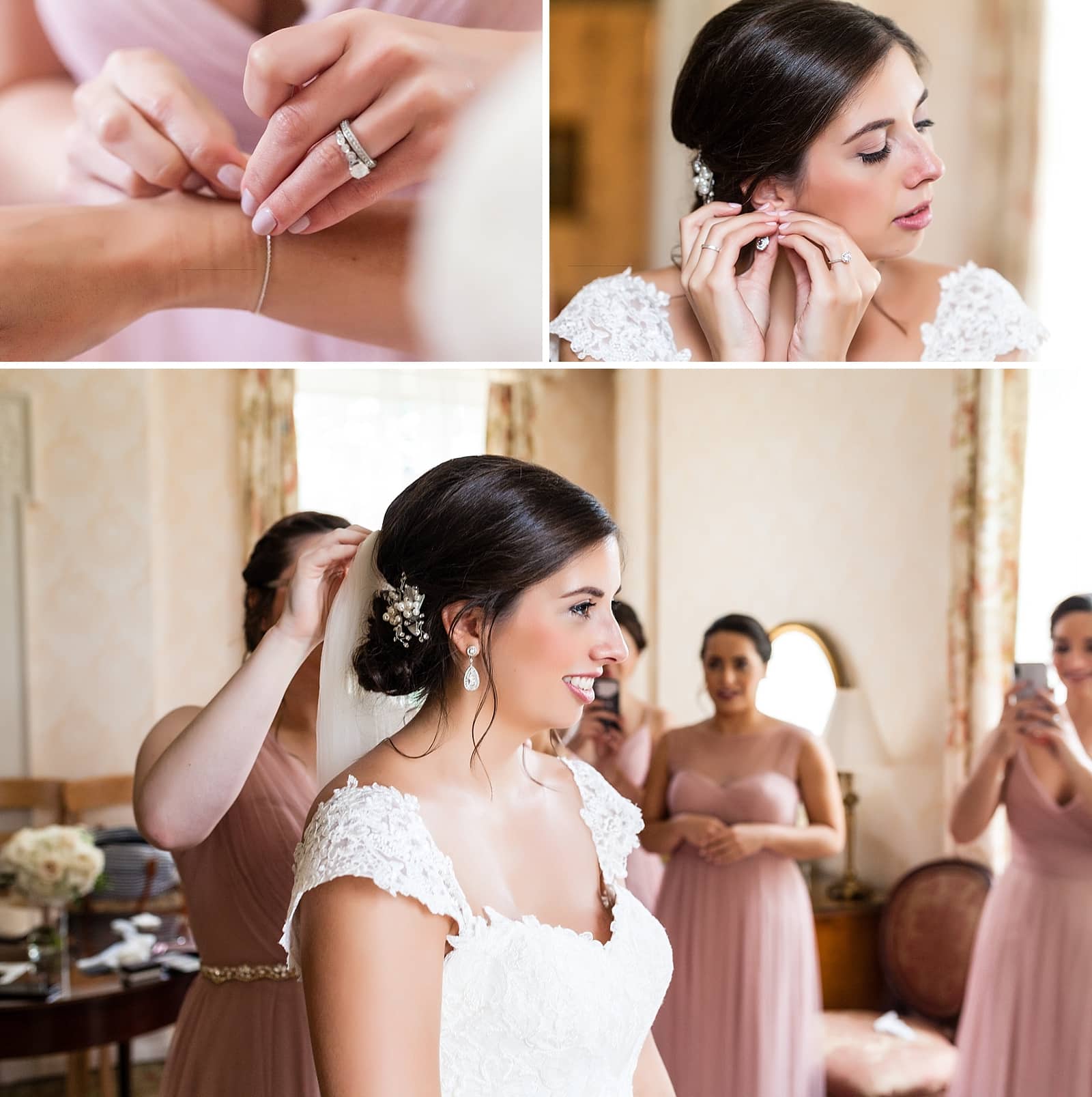 Bridal prep, bride getting ready, putting on earrings, bridesmaids, bridal jewelry and accessories 