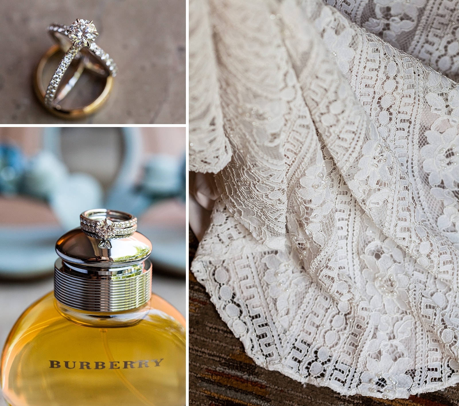 bridal details, wedding rings, engagement ring, burberry perfume, wedding gown, lace wedding gown