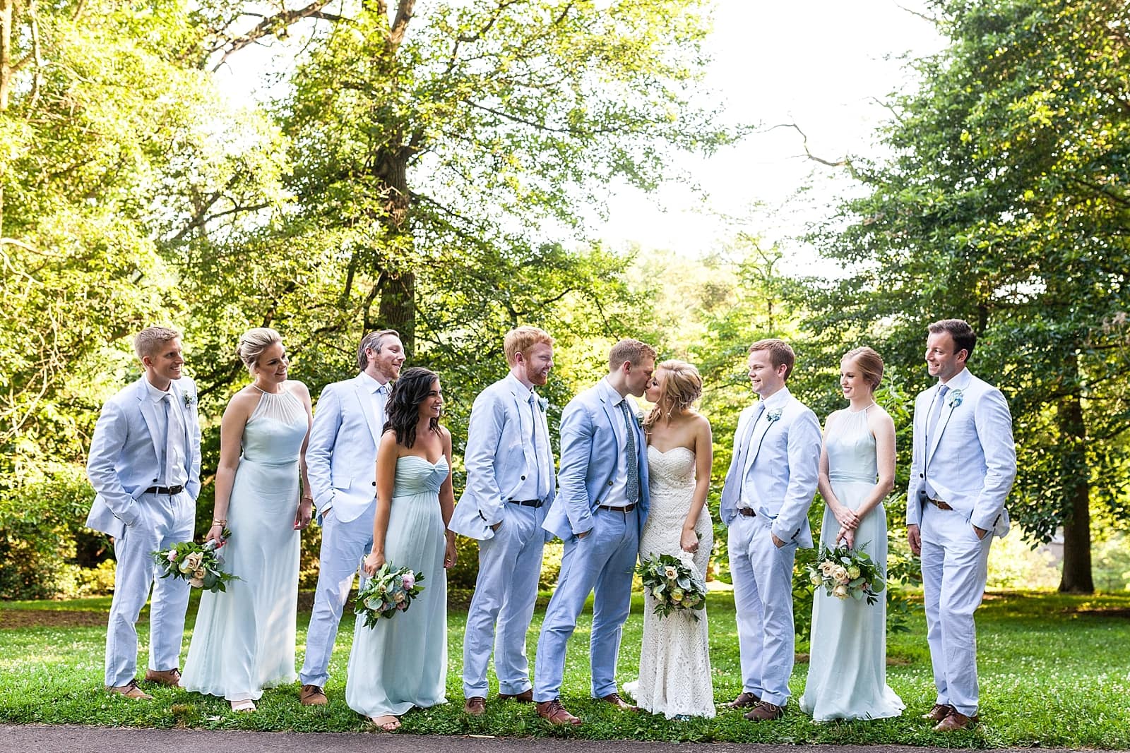 Bridal party, wedding party, groomsmen, wedding party portrait, blue wedding party, outdoor wedding