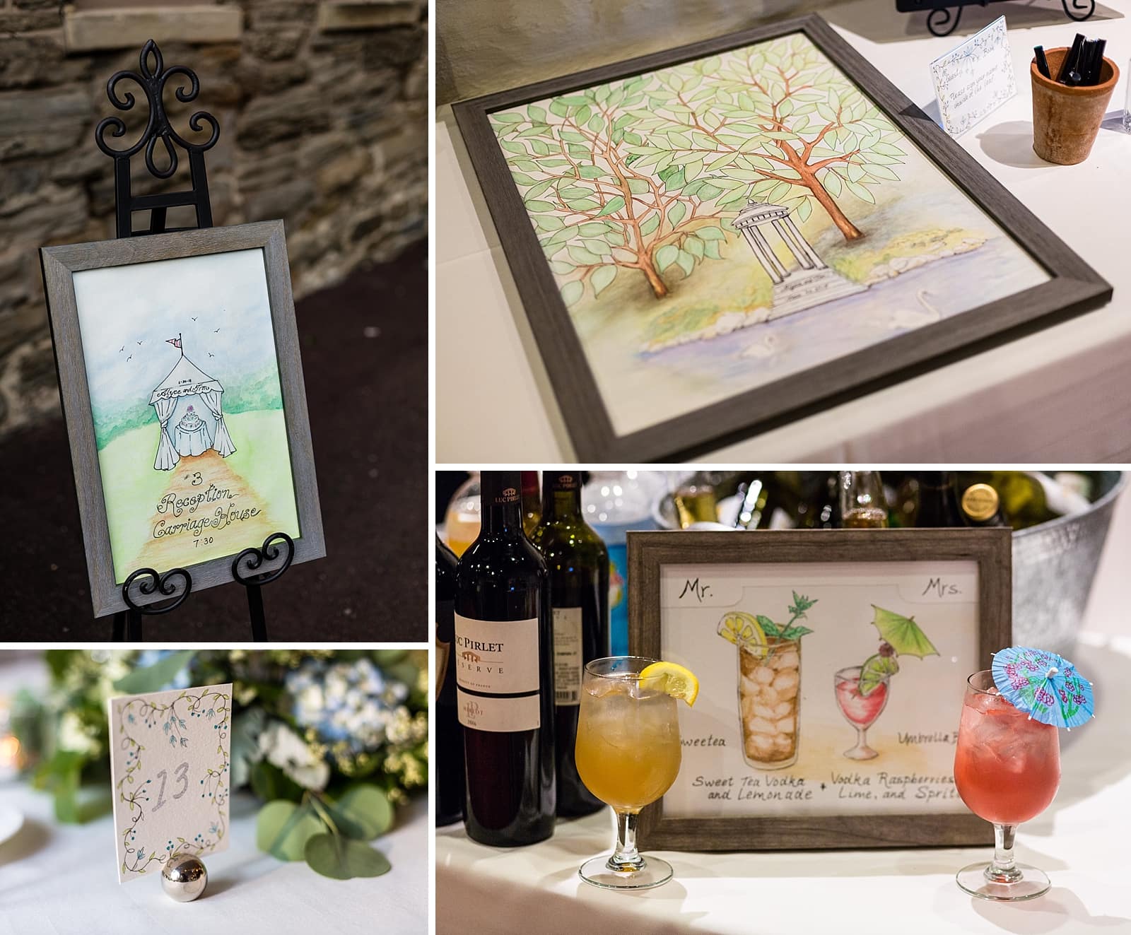 cocktail hour, custom signage, outdoor wedding, custom drawings, table details