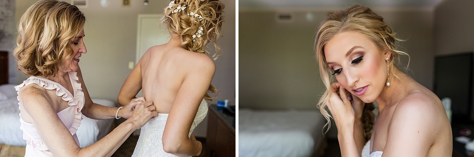 Bridal prep, bride getting ready, mother of the bride, putting on wedding gown
