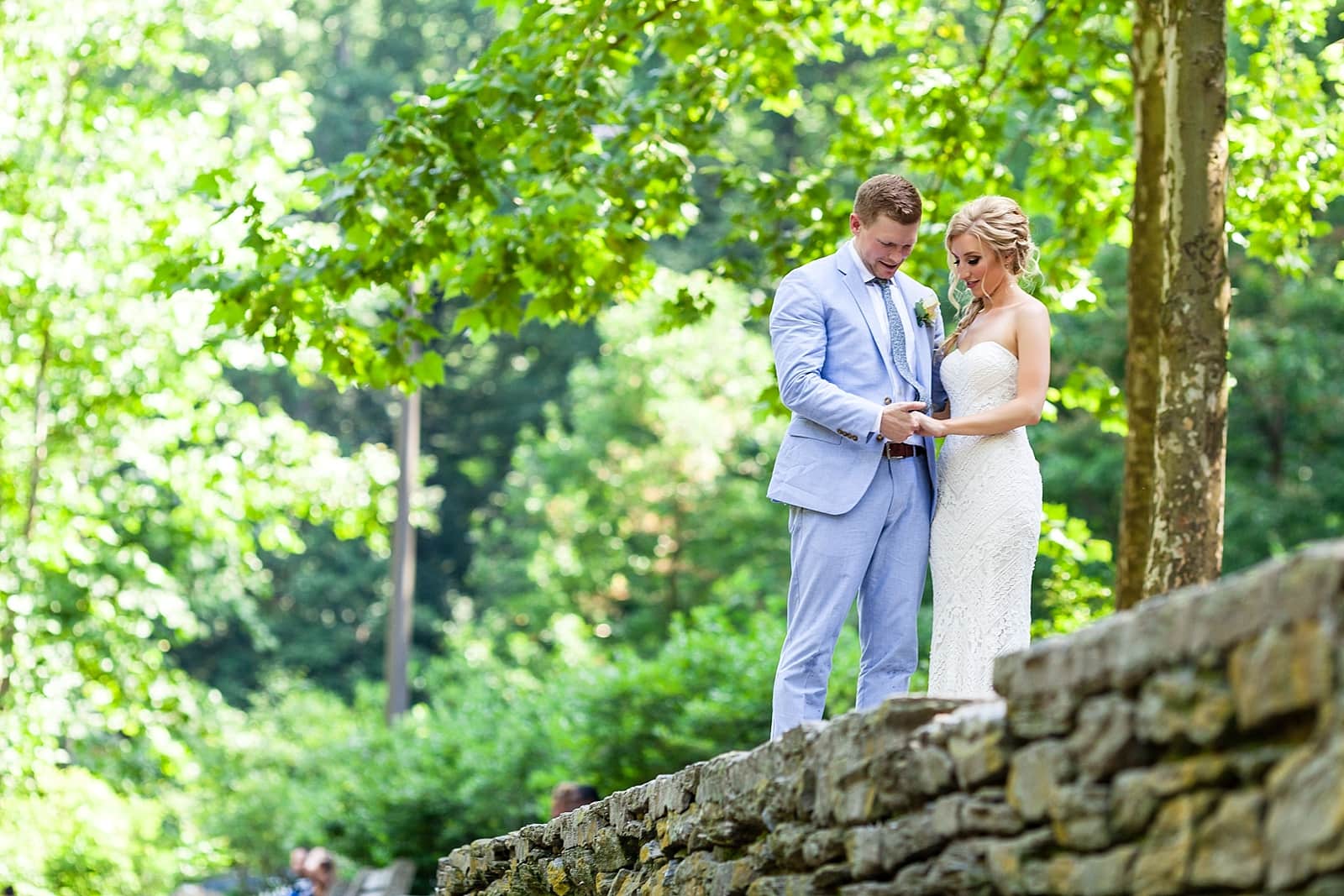 wedding portrait, bride and groom, husband and wife, admiring wedding ring, Tyler Arboretum wedding