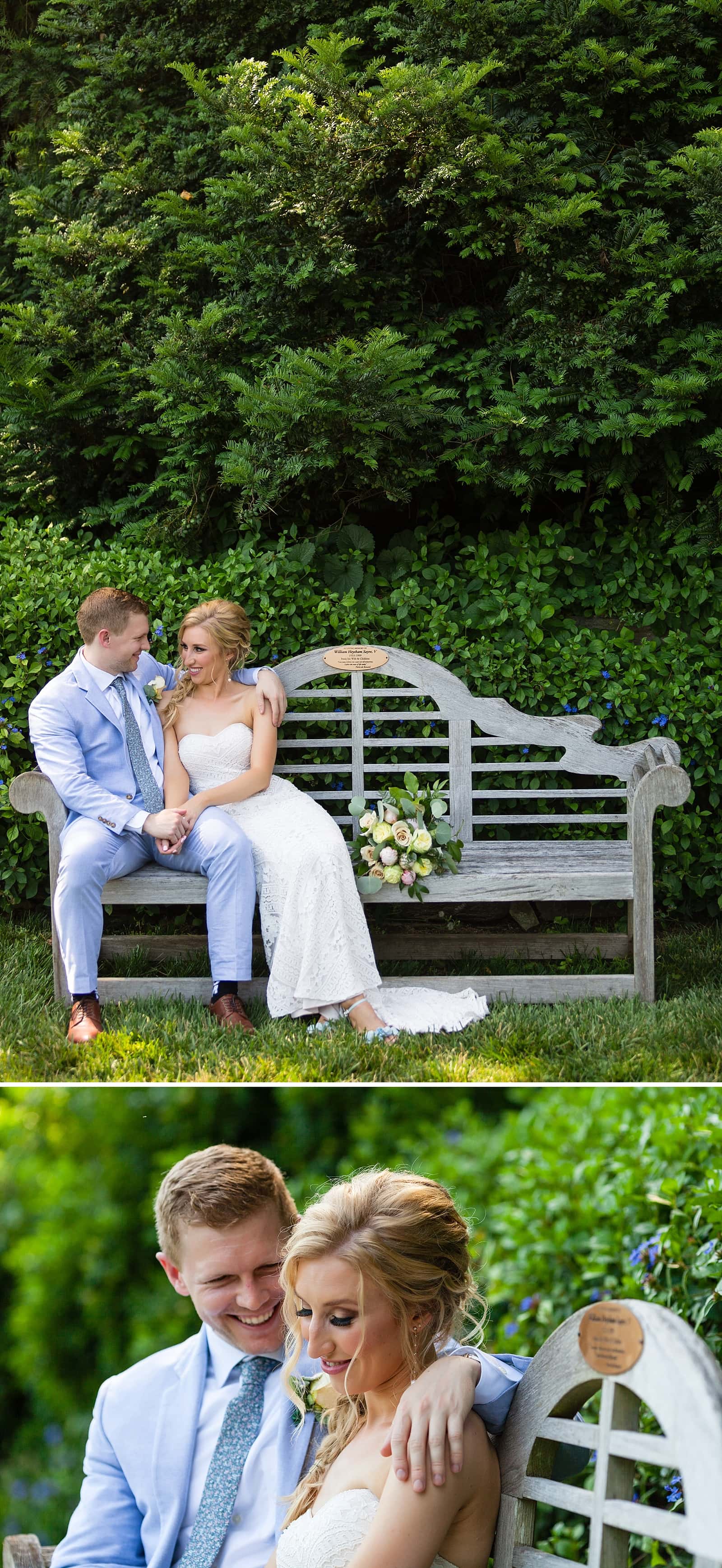 intimate wedding portrait, bride and groom sitting on bench, outdoor wedding, Morris Arboretum wedding