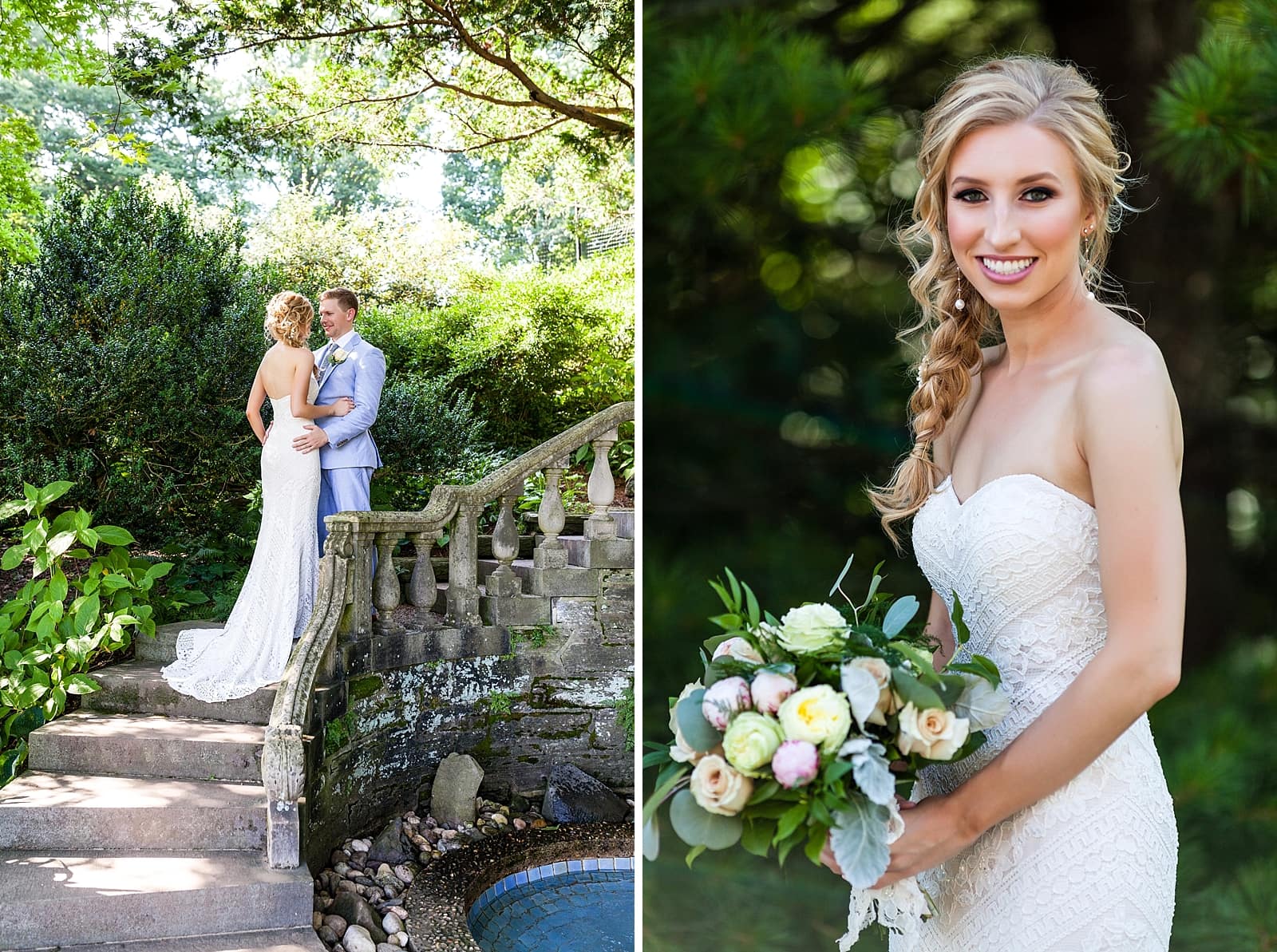 wedding portrait, bride and groom, bridal portrait, outdoor wedding, wedding gown train, Morris Arboretum