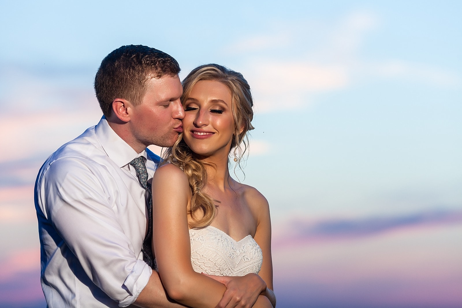 sunset, sunset portrait, bride and groom, wedding portrait