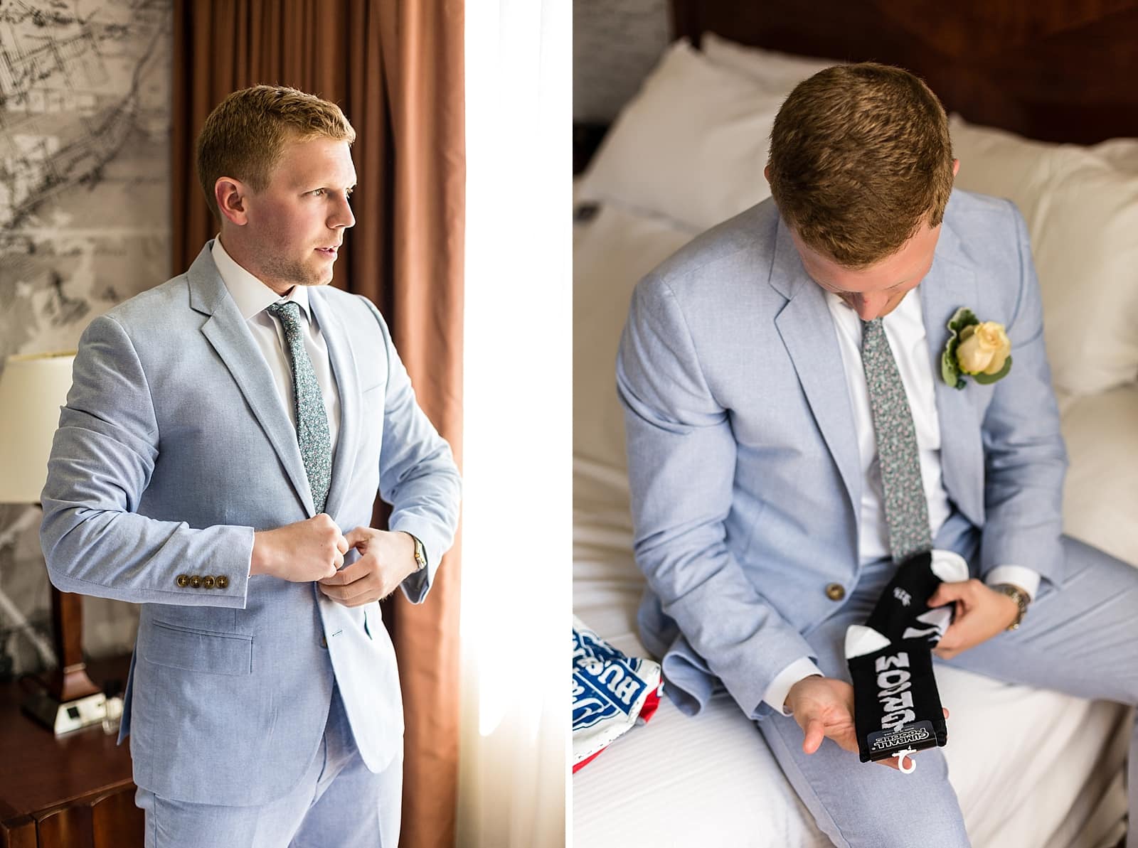 groom portraits, groom socks, blue wedding tuxedo, groom getting ready
