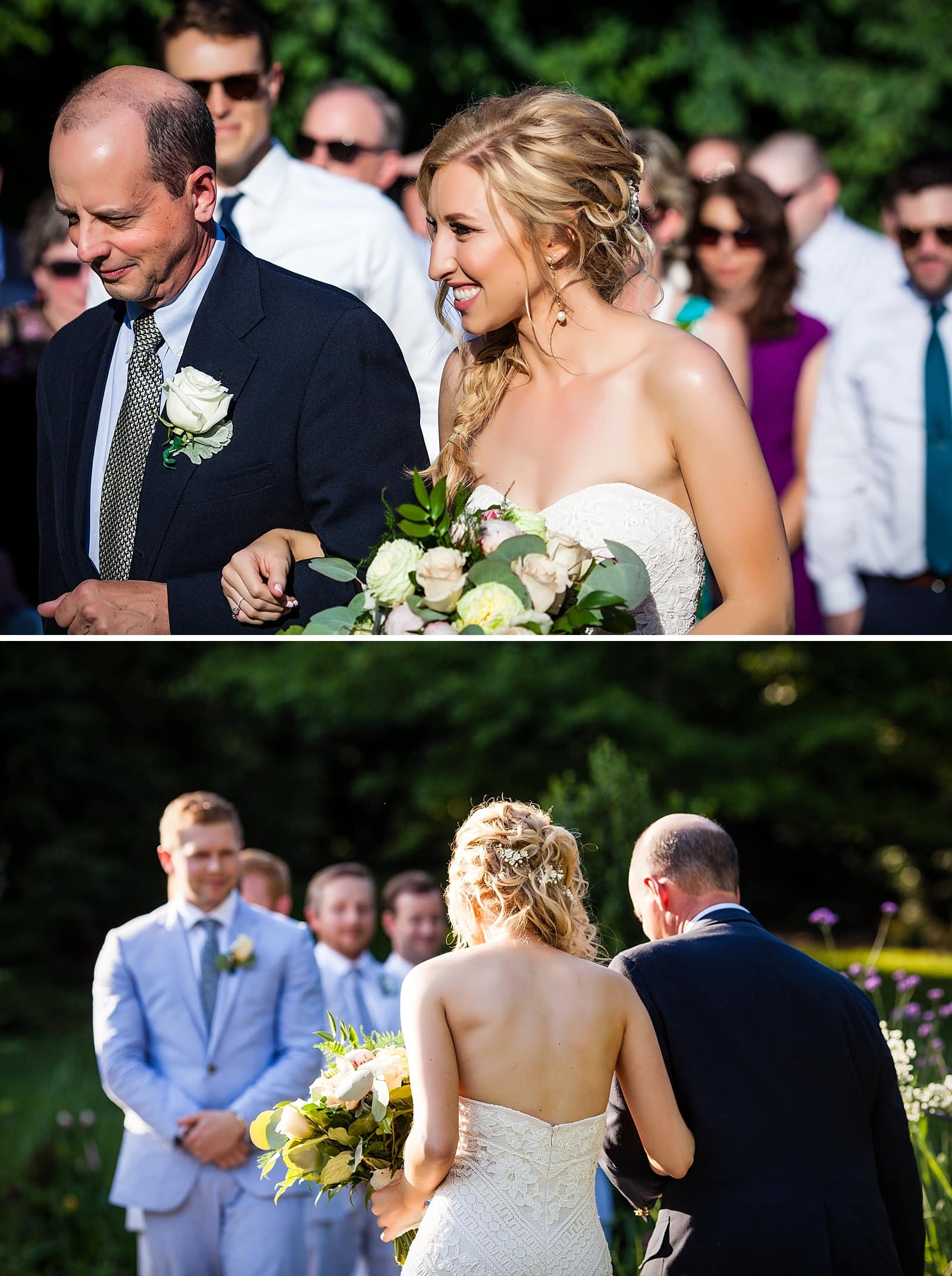 wedding ceremony, outdoor wedding, bride walking down the aisle, first look, bride and groom