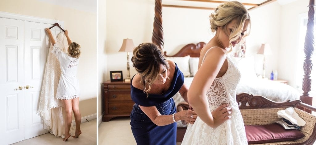 bride, wedding prep, putting on dress, mother of the bride, morilee, la bella moda