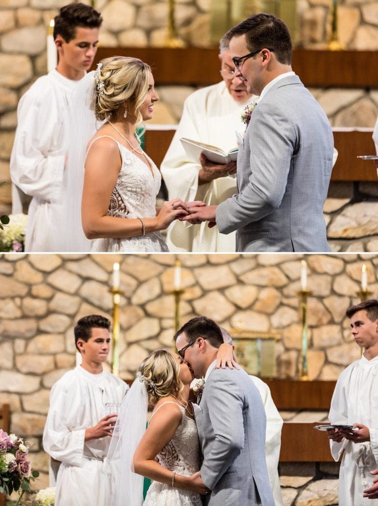 Wedding ceremony, first kiss, just married, church wedding