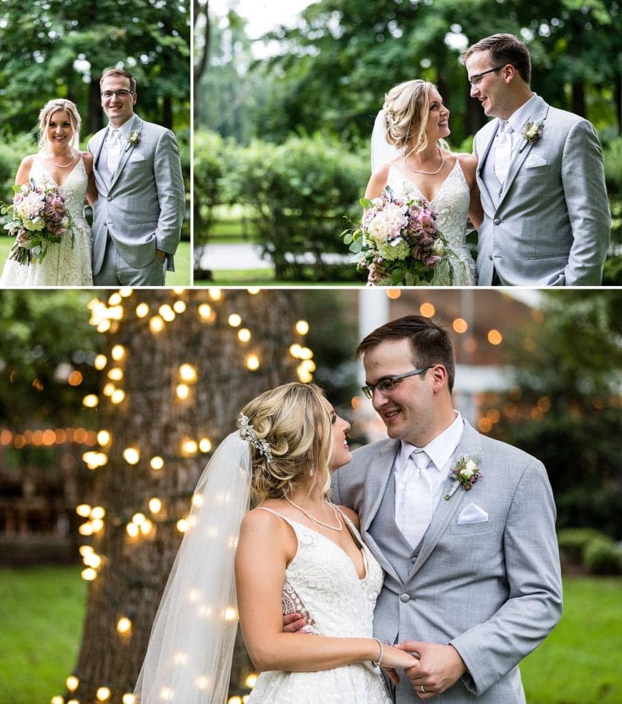 outdoor wedding portrait, bride and groom pictures, twinkle lights,