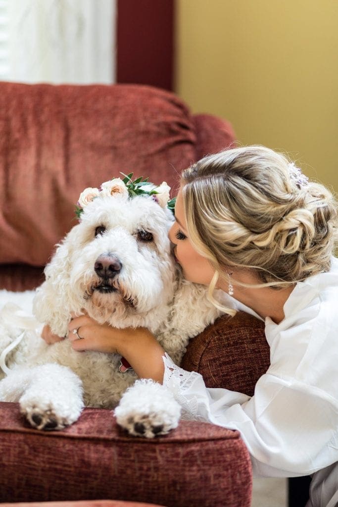 Bride and dog, dogs in weddings, bridal prep, brides dog, dog flower crown