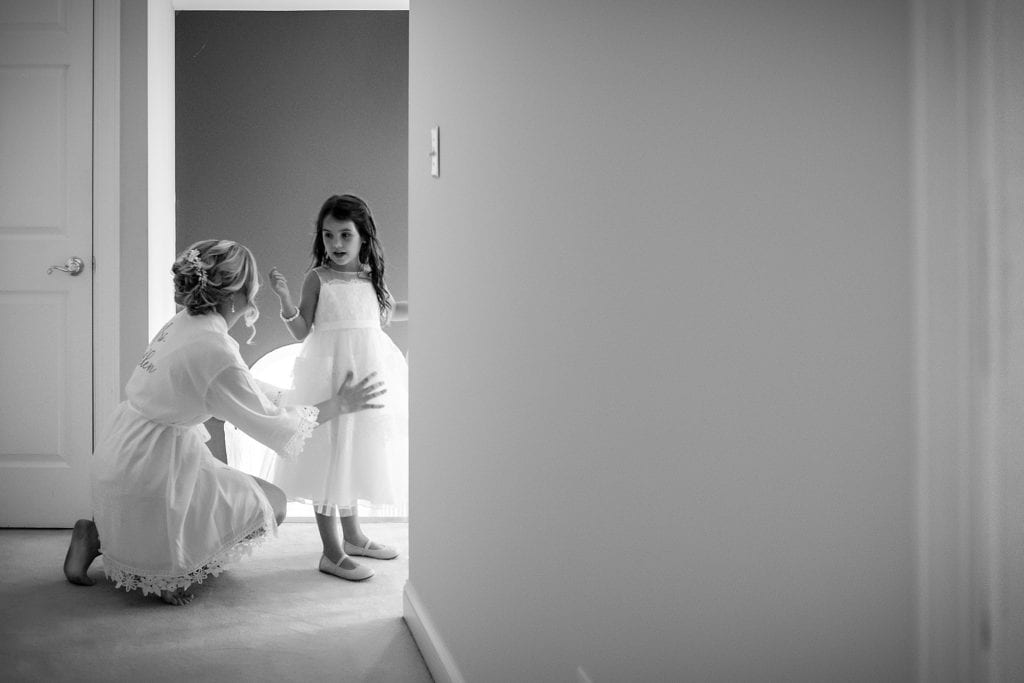 Bride and flower girl, flower girl, amsale, wedding prep