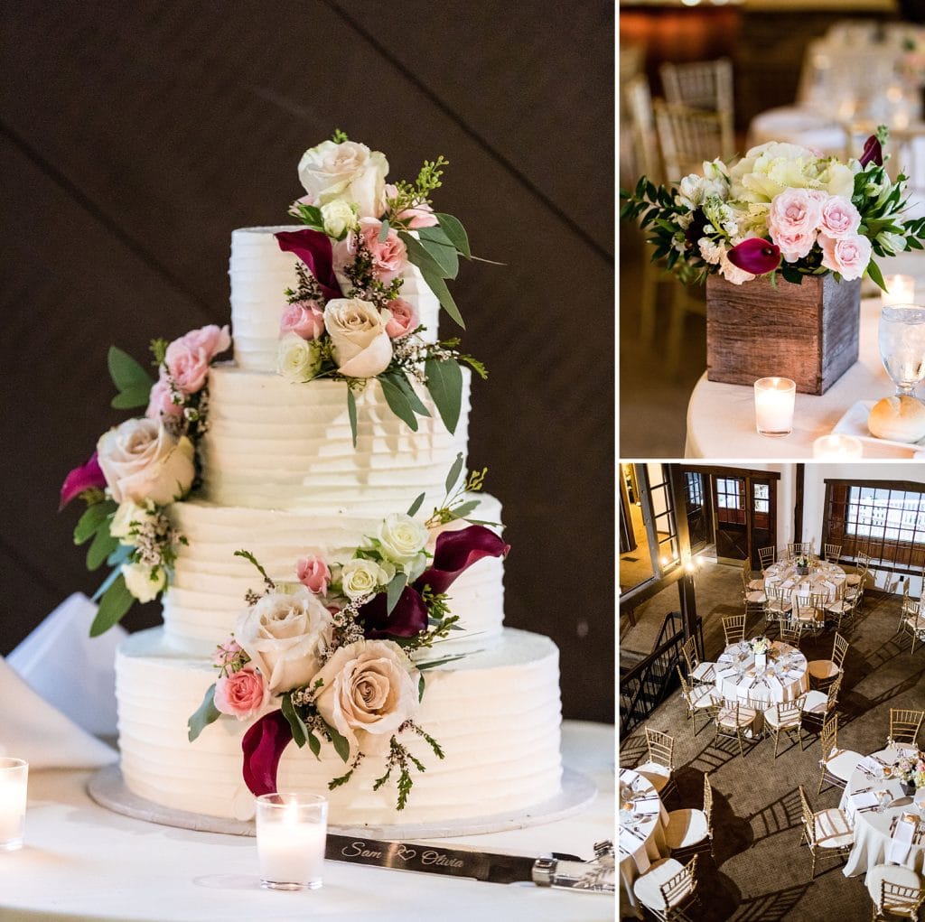 White buttercream tiered wedding cake covered in fresh orchids and roses at Barn on Bridge