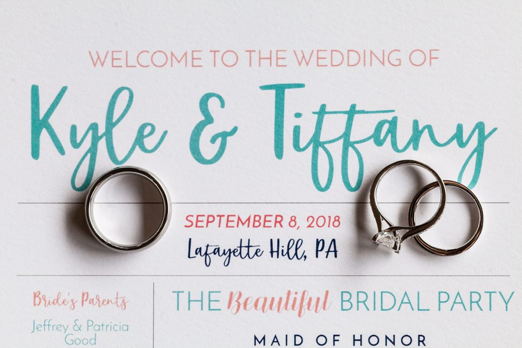 Wedding rings on a teal & orange wedding invitation