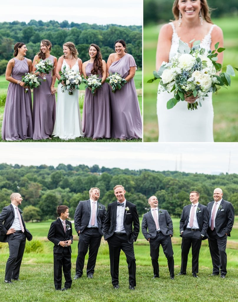 Bride laughing with her bridesmaids, wearing mix and match lavender bridesmaid dresses. Groom hanging out with his groomsmen
