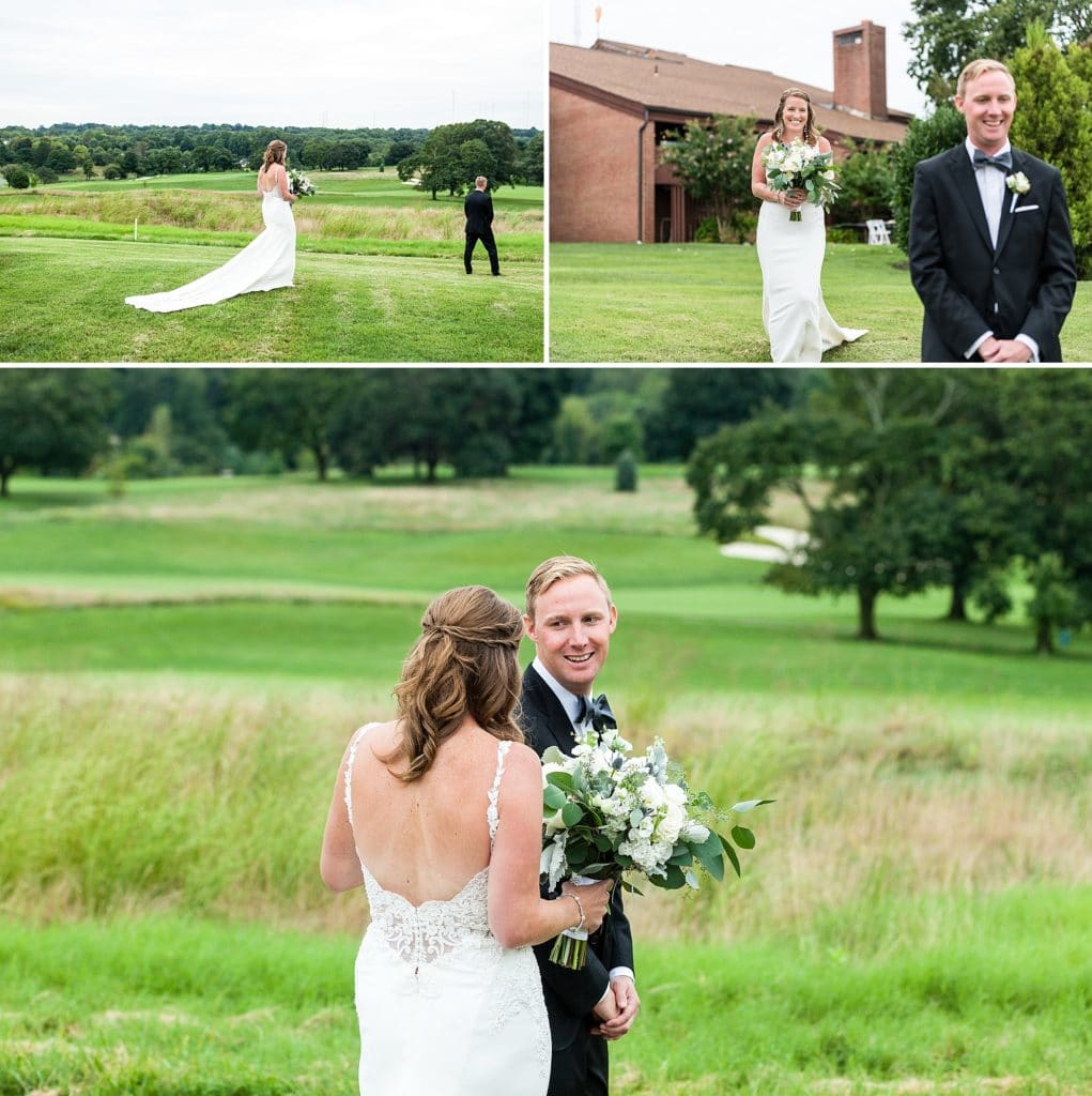 Bride approaches groom as he turns to see her during their first look at their Chubb Conference Center wedding