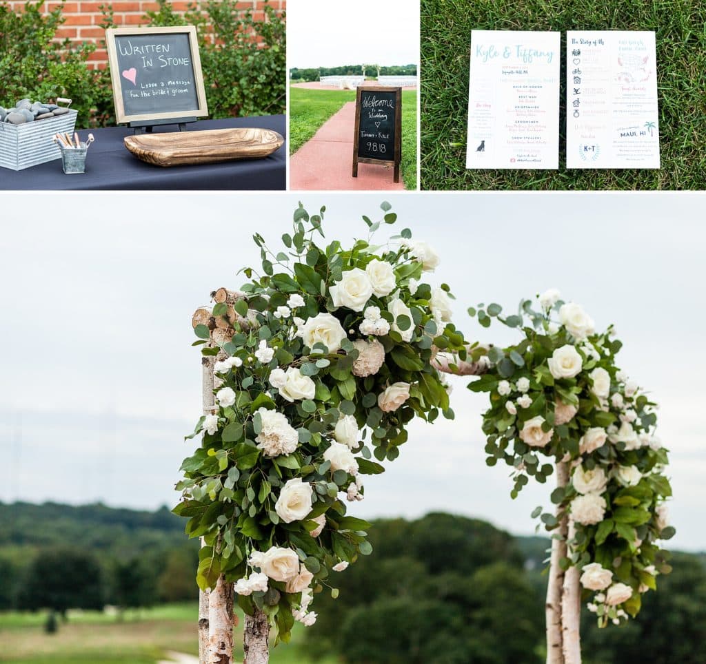 Wedding ceremony arch made of raw wood and rose arrangements