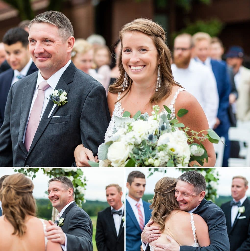 Bride's father walks her down the aisle before embracing her and letting her go