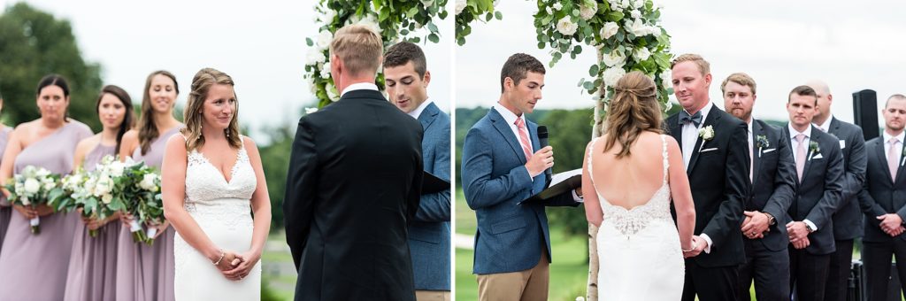 bride and groom exchange wedding vows during an outdoor ceremony at Chubb Conference Center