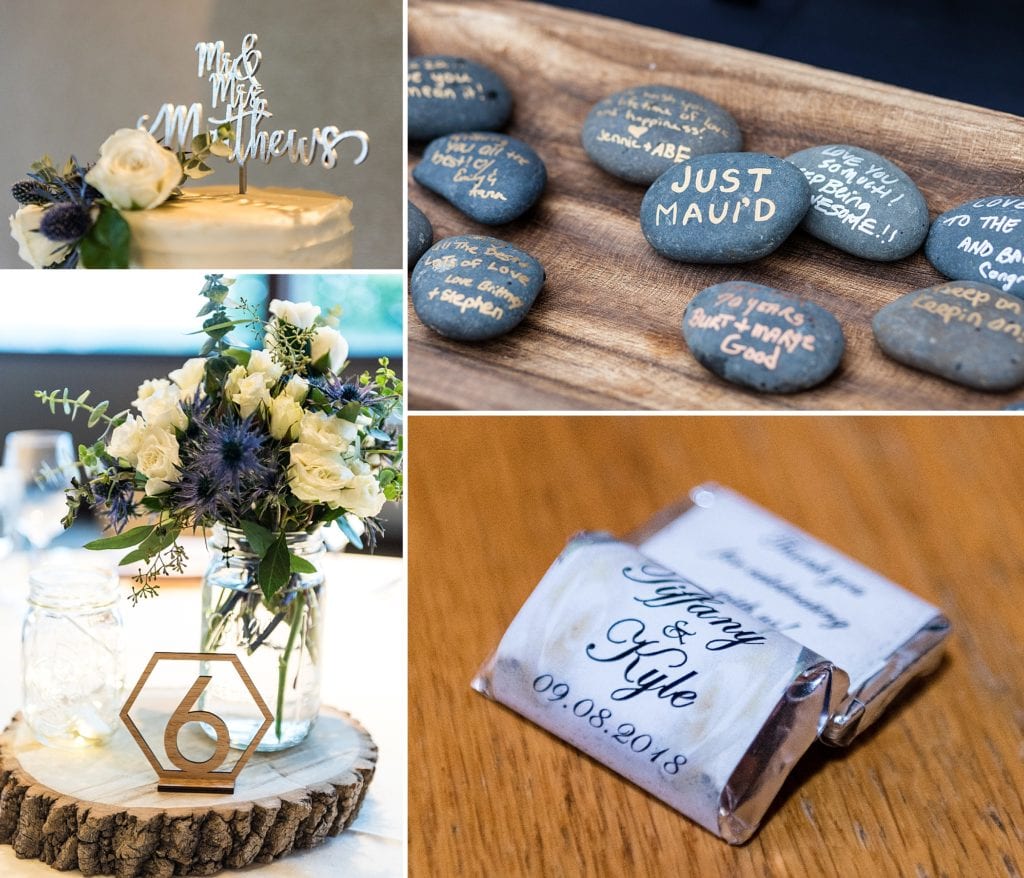 Laser cut geometric table numbers and wooden script cake topper