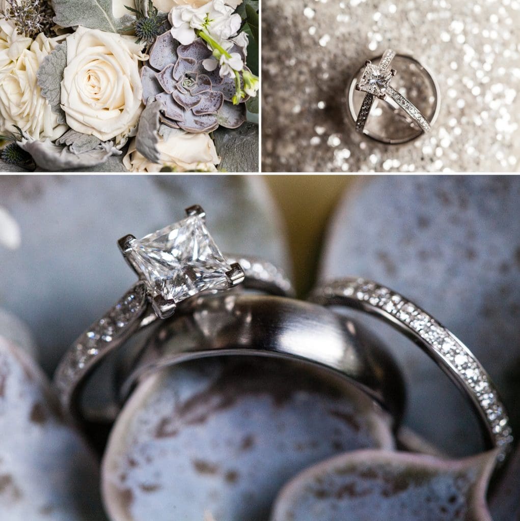 Wedding rings on a bouquet of succulents and roses