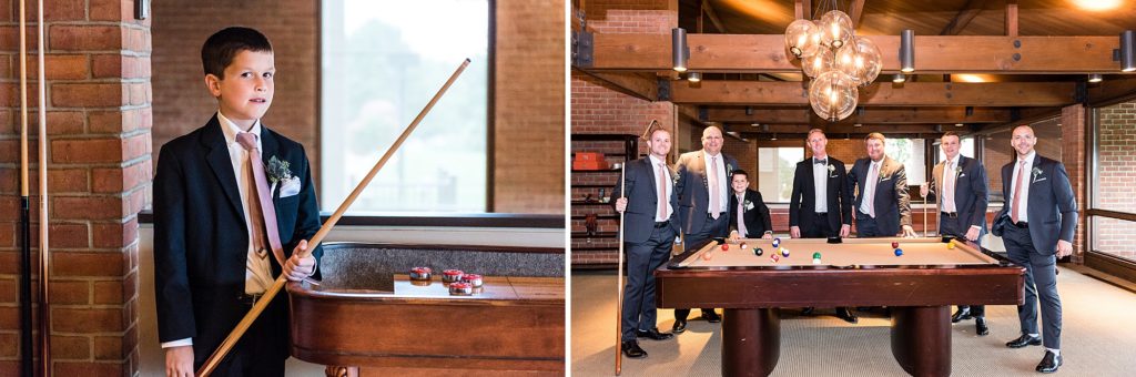 Groom playing pool with his groomsmen and ringbearer before his Chubb Conference Center wedding