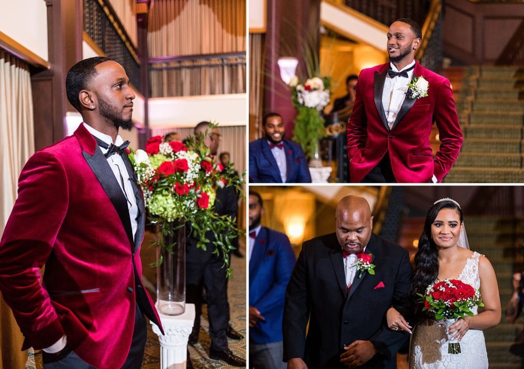 Groom tears up as the bride walks down the aisle with her father.