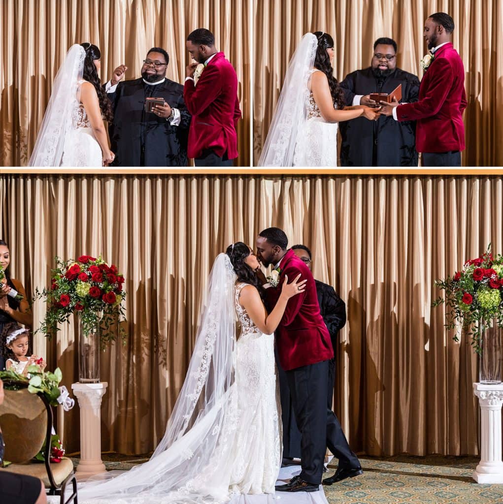 Couple exchange rings, vows, and a first kiss during their Collingswood Ballroom wedding ceremony