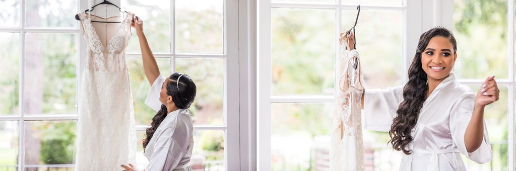 Bride takes her Galina Signature wedding dress off the window sill before her Collingswood Ballroom wedding
