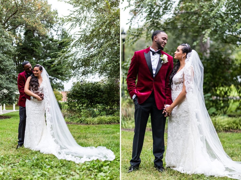 Bride & groom smile and stand hand in hand for their wedding portraits at their Collingswood Ballroom wedding