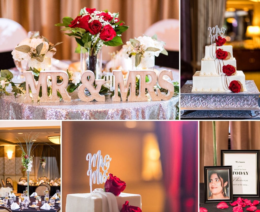 Reception details for this Collingswood Ballroom wedding included wooden Mr & Mrs cutouts for the sweetheart table, square three-tiered wedding cake with draped fondant & red roses, and laser-cut sparkling cake topper