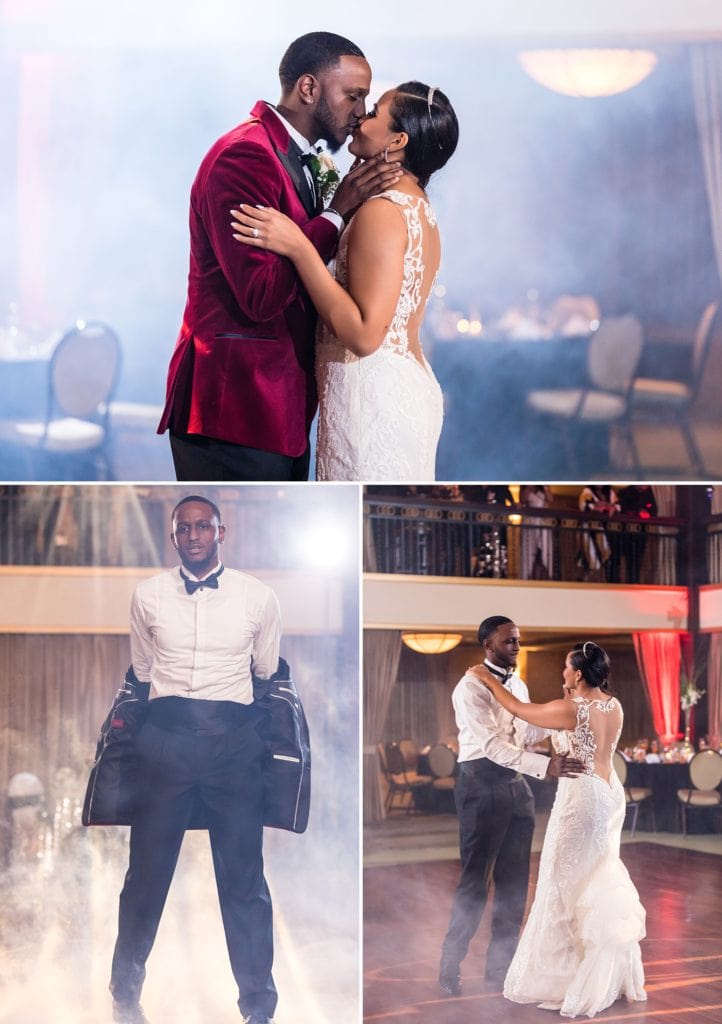 Bride & groom dance their first dance during their Collingswood Ballroom with smoke around them