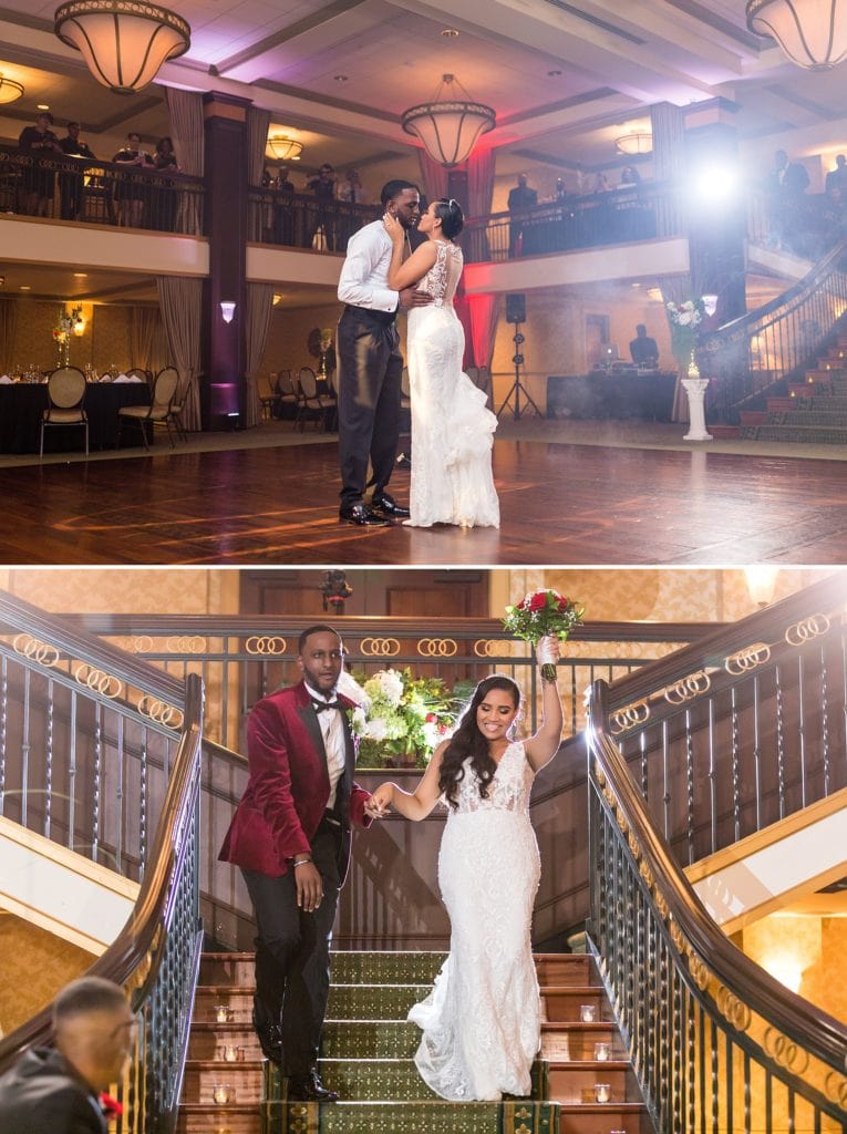 Bride & groom kiss as they end their first dance and enter down the grand staircase of the Collingswood Ballroom