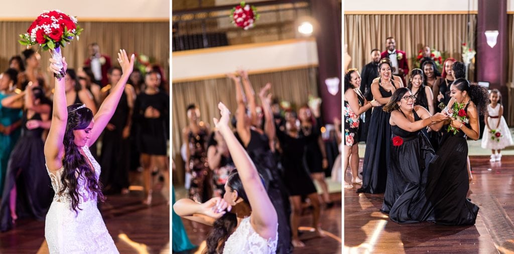 Bouquet toss & a competitive catch during a Collingswood Ballroom reception