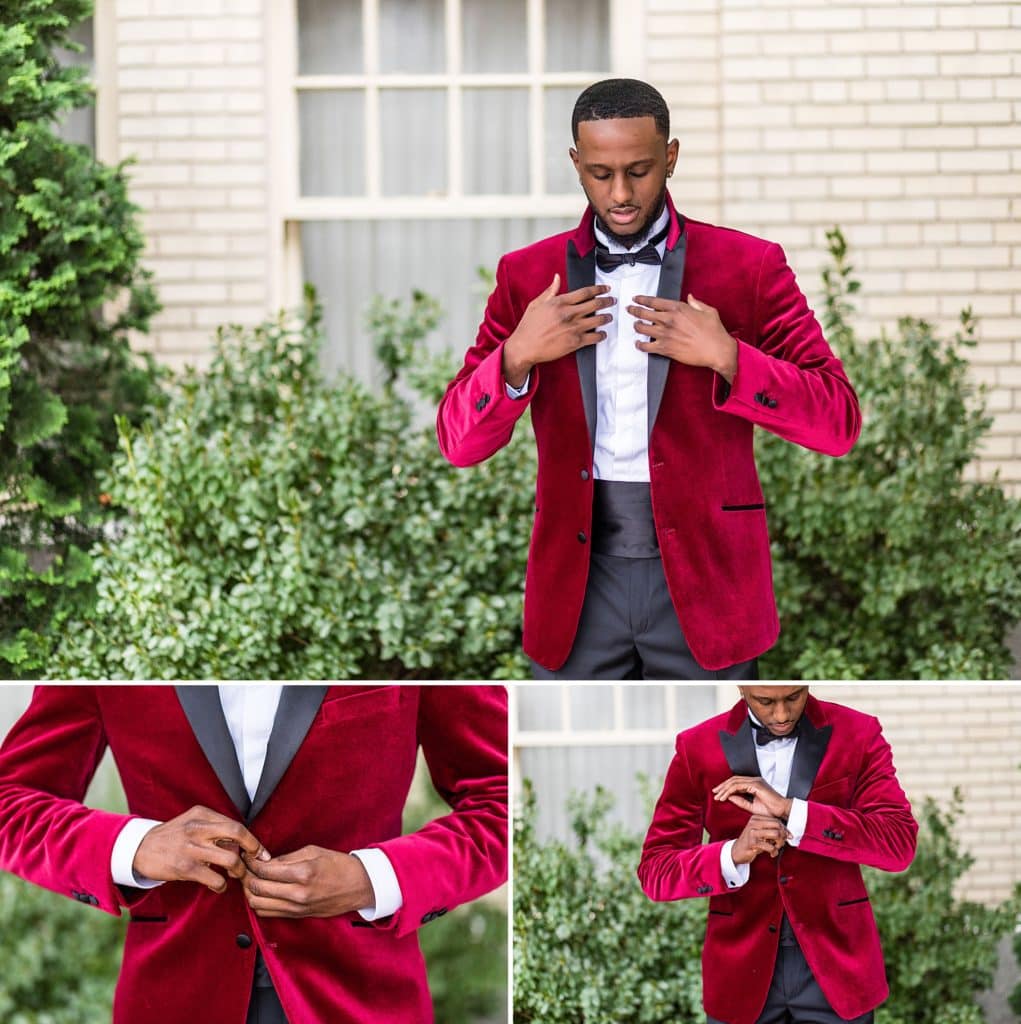 Groom getting ready in his burgundy crushed velvet suit jacket with a black lapel before his Collingswood Ballroom wedding