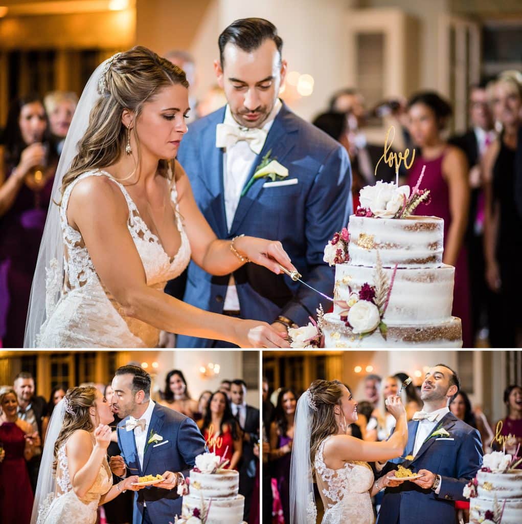 Bride & groom cut a naked caked during their Huntingdon Valley Country Club wedding reception