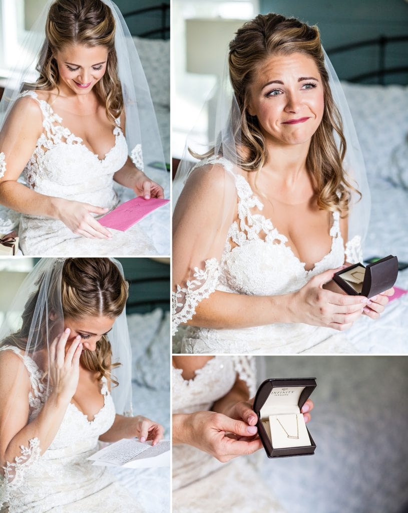 Bride opens a necklace from her groom and comes to tears as she reads his love letter before their wedding